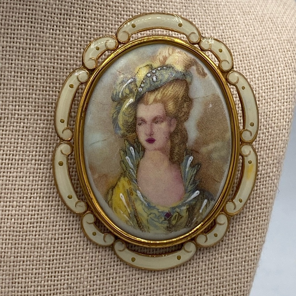 Antique Thomas L Mott Hand Enameled Painted Lady Brooch Pendant 1930 Cameo - Picture 3 of 8